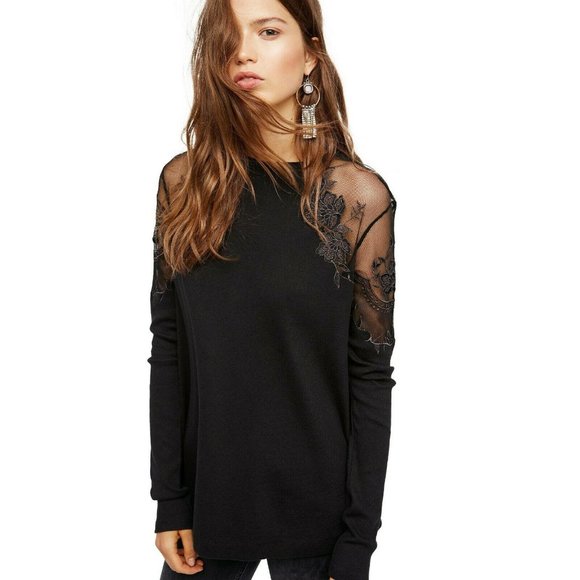 FREE PEOPLE Womens Sz S Black Daniella Top Floral Embroidered Illusion Shoulders